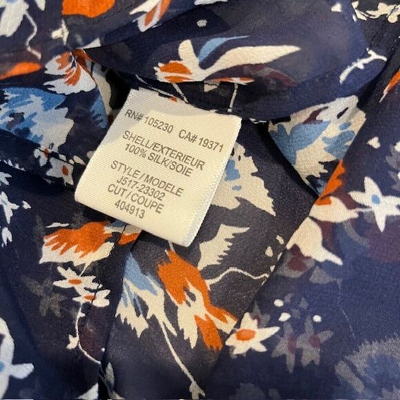 Joie Silk Floral Sheer Blouse Navy Blue Rust Button Front Wide Neck Oversized XS - Picture 5 of 10